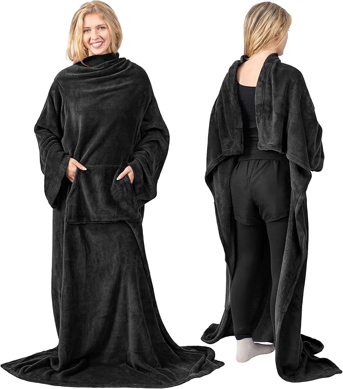 PAVILIA Blanket with Sleeves for Adult Women Men, Soft Warm Wearable Blanket Fleece Wrap Throw, Robe Blanket Gift