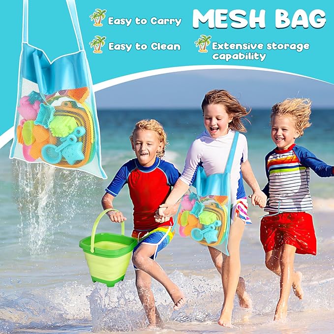 Dreamon Beach Toys for Kids 3-10, Collapsible Sand Toys Include 3 Pack Foldable Buckets, 24 PCS Beach Mold and Shovels Molds, Travel Sandbox Beach Toys for Kids Toddler with Mesh Bag