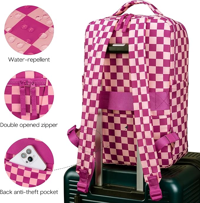 Checkered Backpack for Women Fashion Backpacks with Laptop and Multi Compartment for Travel and Work Rose Red Check