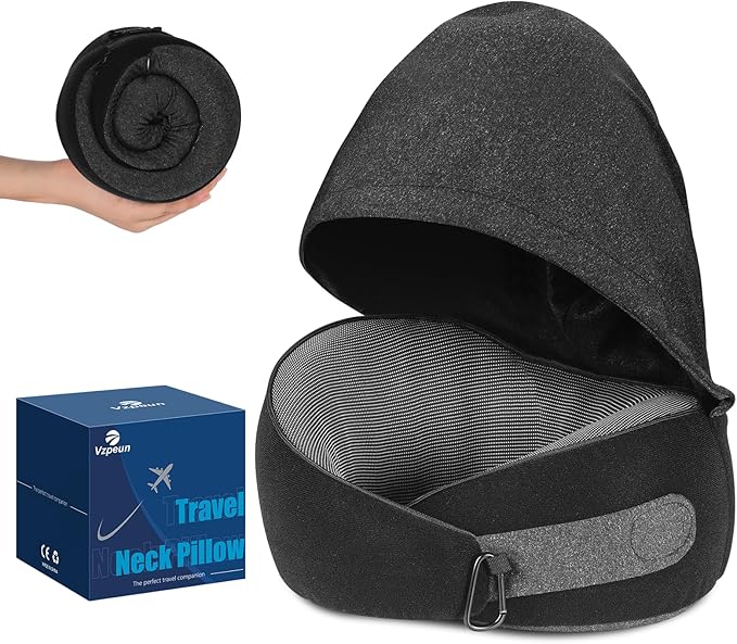 Travel Pillow, Hooded Neck Pillow Airplane for Sleeping, Memory Foam Traveling Pillow for Long Flights, Portable Plane Accessories (Charcoal Black)
