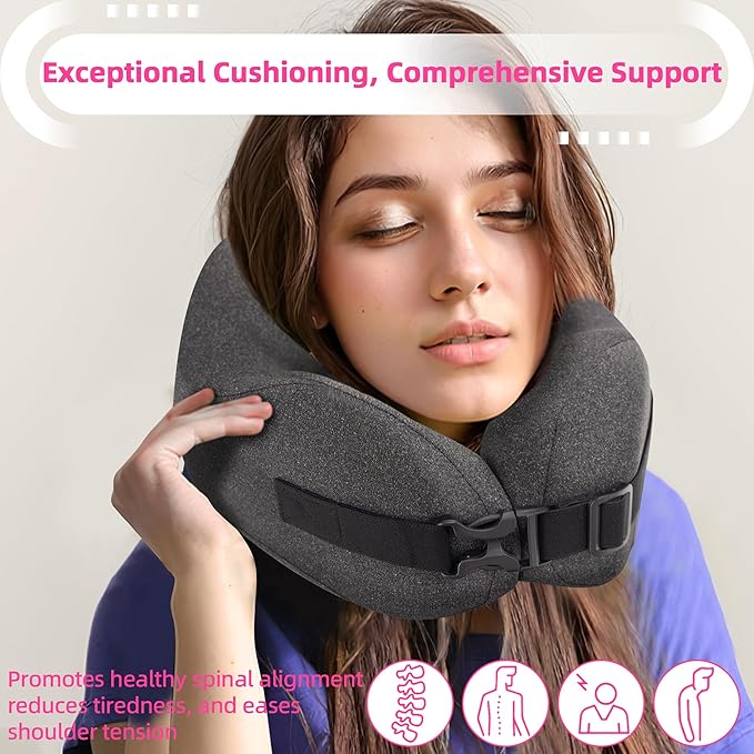 Neck Pillow Airplane Travel Set - Pure Memory Foam Travel Pillow for Long Flights Essentials, Sleeping with 3D Contoured Eye Mask, Earplugs, Portable Bag (Grayish)