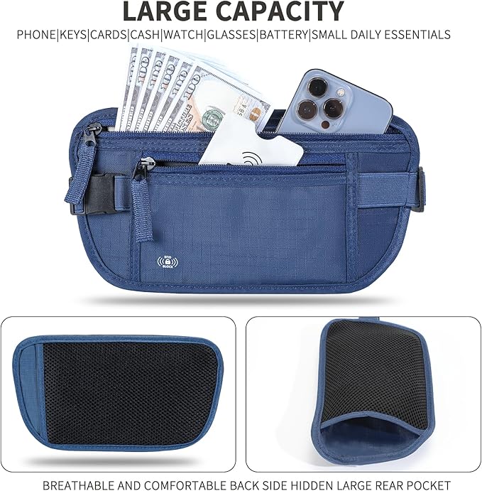 Money Belt for Travel, RFID Blocking, Hidden Money Belt, Passport Holder for Travel (Dark Blue)