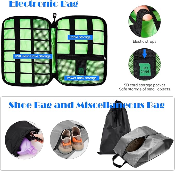 NiHome Compression Packing Cube 6PCS Set Expandable Travel Bag Luggage Organizers Electronic Cable Cord Charger Organizer Drawstring Bag for Trip Home Storage Travel Gear Accessories (Blue/Black/Grey)