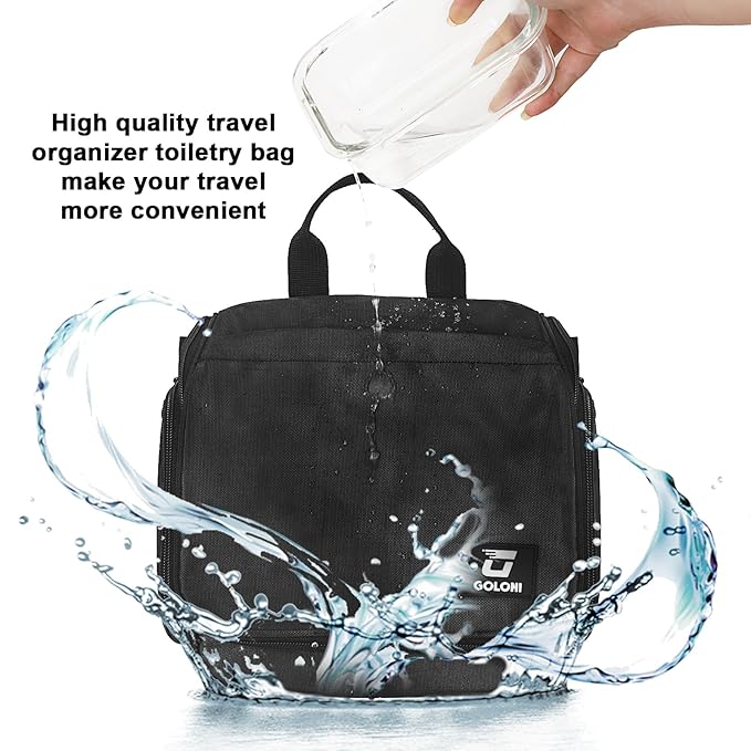 Goloni Hanging Toiletry Bag, 10 Compartments Water-Resistant Makeup Bag with 360° Spinning Metal Hook, Large Travel Cosmetic Organizer for Men & Women, Black (7.05oz)