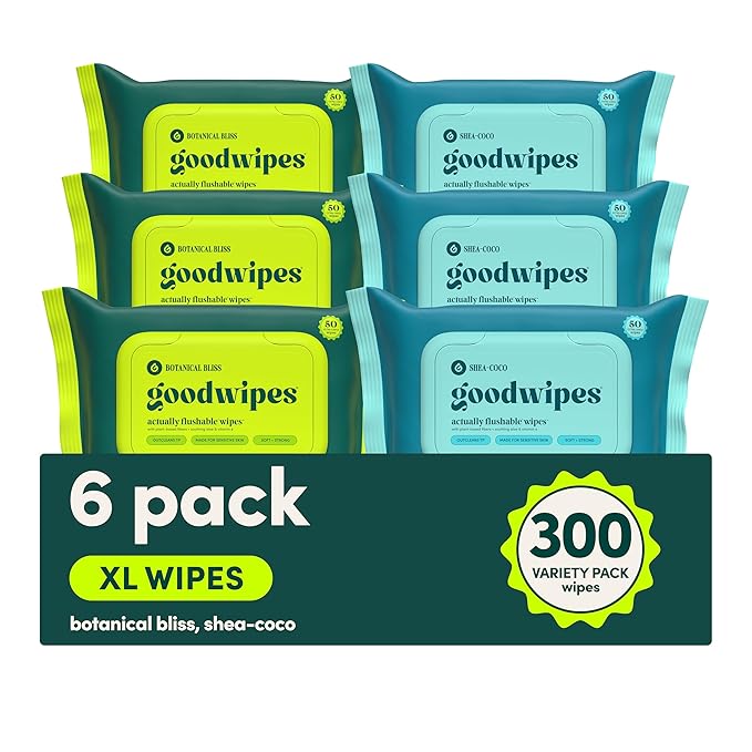 goodwipes Flushable Butt Wipes - Extra Large Adult Wet Wipes For Women & Men - Bathroom Essentials - Sewer & Septic Safe - Shea Coco & Botanical Bliss, 300 Count (6 Packs)