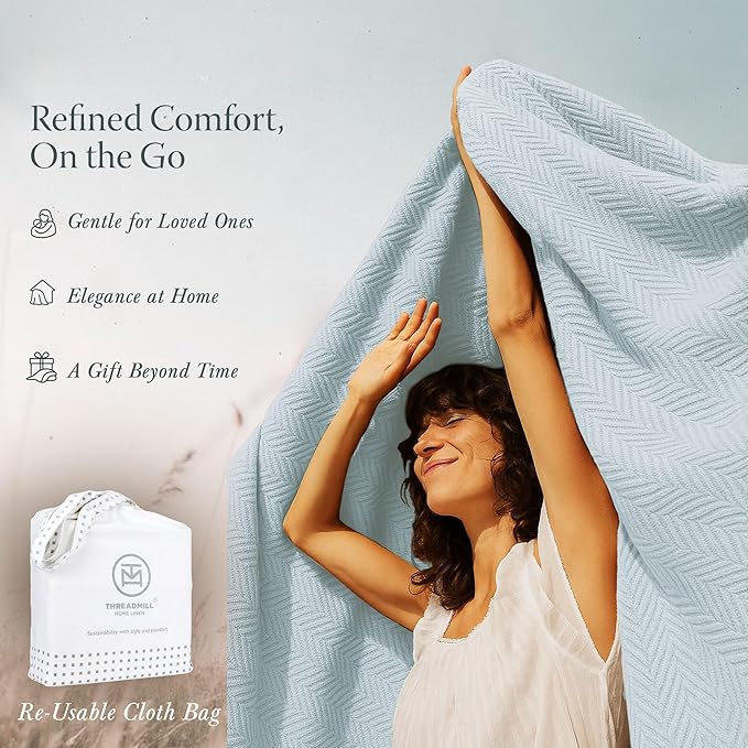 Threadmill Luxury Cotton Blankets for Twin Size Bed | All-Season 100% Cotton Twin Blanket for Bed | Herringbone, Soft & Cozy Fall Thermal Blanket, 350GSM, 68x92 inches | Light Blue