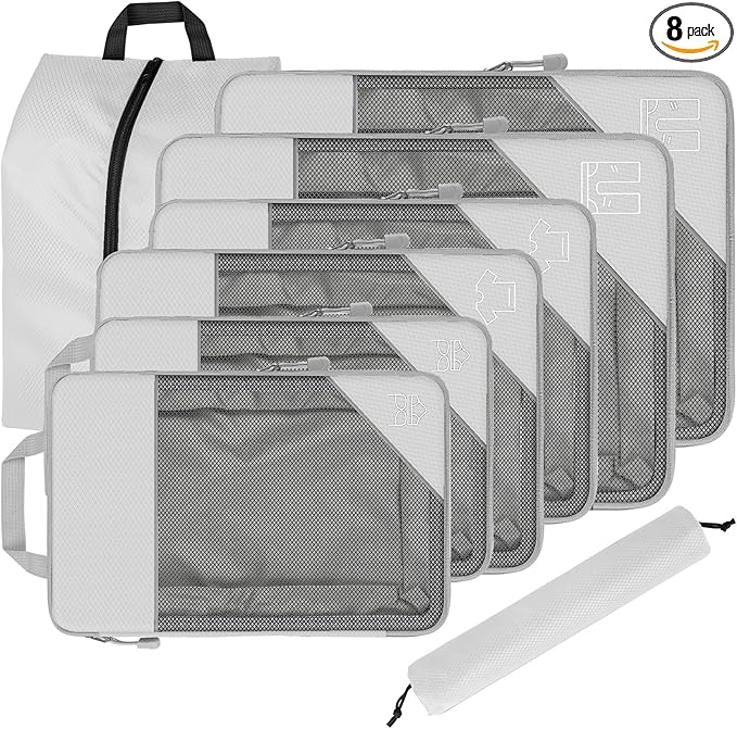 8 Set Compression Packing Cubes for Travel, Expandable Luggage Organizer with Shoe Bag & Laundry Bag - Lightweight Suitcase & Backpack Travel Essentials (Beige)