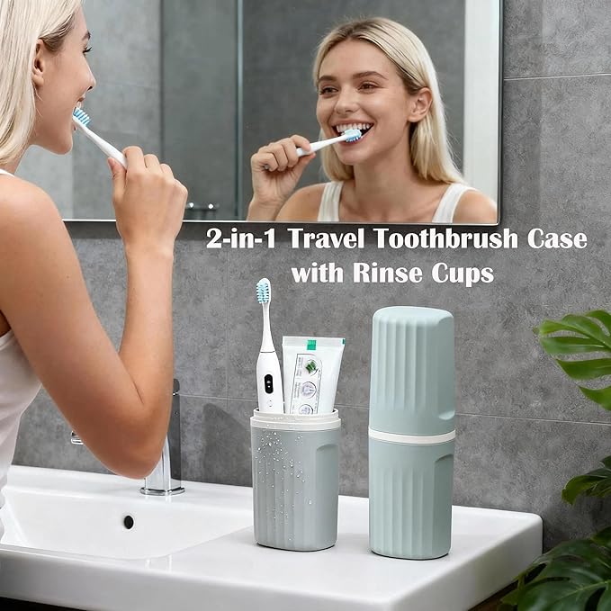 Toothbrush Travel Case, 2 in 1 Portable Travel Toothbrush Case with Mouthwash Cup, Large Capacity Toothpaste & Toothbrush Holder Container for Travel Camping Business Trip School Dorm Bathroom