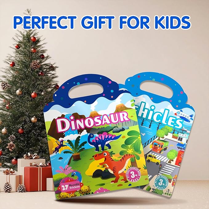 2 Sets Reusable Sticker Book for Kids, Puffy Jelly Stickers for Toddlers, Travel Essentials Craft Activities Toys for Boys Birthday Gifts - Dinosaur & Vehicles