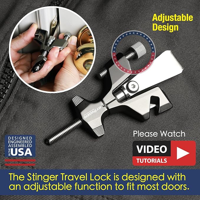 Stinger Portable Door Lock for Travel, Travel Door Lock with Seat Belt Cutter and Glass Breaker | Home and Hotel Room Security Device