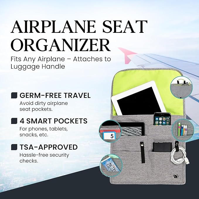 SO~MINE Airplane Pocket Organizer | Tray Table Cover | In Flight Seat Back Organizer Bag | Commuter Essential Travel Bag | Media Pouch For Flying | Travel Gift | Attaches To Luggage