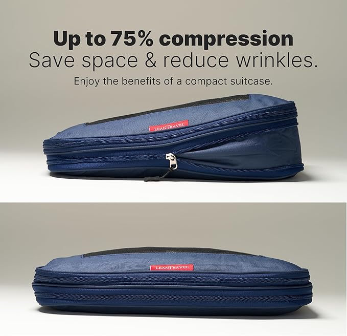 LeanTravel Premium Compression Packing Cubes for Travel - Suitcase Organizer Bags with Double Zipper & Breathable Mesh Panel - Space Saving Carry On Luggage Essentials (3-Pack, Navy Blue)