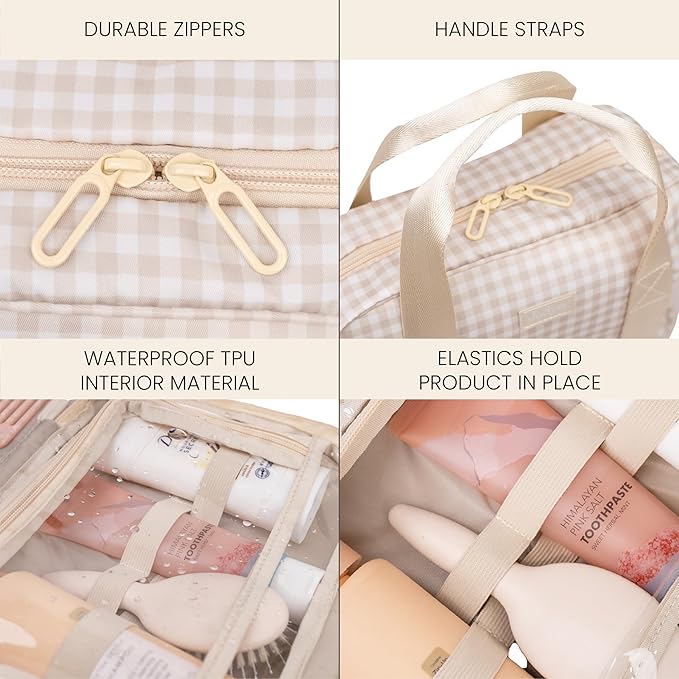 Jadyn Hanging Toiletry Bag, Expandable Toiletry Organizer for Women, Water Resistant Large Travel Cosmetic Bag for Full Size Makeup, Toiletries, Lotion, Shampoo, Accessories (Beige Gingham)