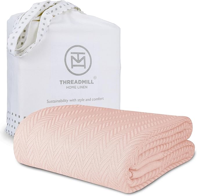 Threadmill Luxury Cotton Blankets for Twin Size Bed | All-Season 100% Cotton Twin Blanket for Bed | Herringbone Soft & Cozy Fall Thermal Blanket, 350GSM, 68x92 inches | English Rose