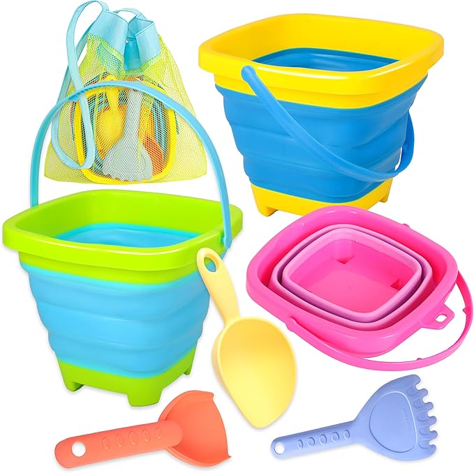 Xgunion Collapsible Beach Sand Bucket 3 Packs Foldable Buckets Set with Shovels & Mesh Bag Collapsible Beach Toys for Kids Summer (Yellow, Blue, Green, Pink, Medium)