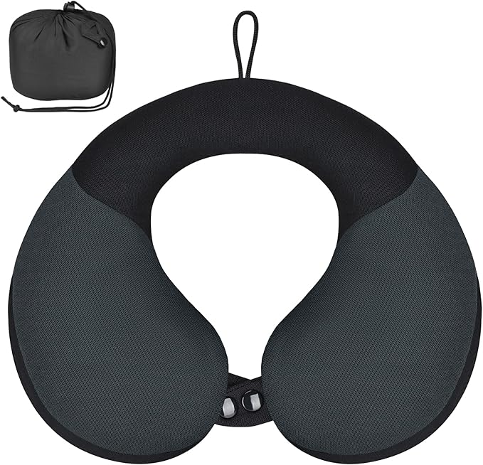COOLBEBE Kids Travel Neck Pillow for Airplane & Car, Soft Breathable Fabric, Ergonomic Side Support for 3-12 Year Olds, Adjustable Snap Button, Travel Essential for Boys & Girls, Black & Grey