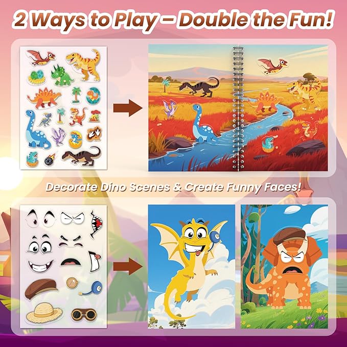 Dinosaur Reusable Sticker Book for Toddlers, DIY Make-a-face Animals Jelly Fun 3D Stickers, Washable Puffy Stickers for Kids Toys, Airplane Road Trip Travel Activities Essentials for Kids 3 4 5 Years