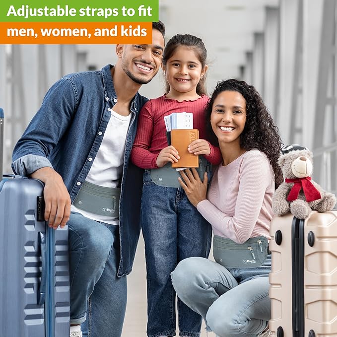 Boxiki Travel, Gray Money Belt + RFID Sleeves Set of 8 Pcs | RFID Blocking Secure Waist Bag, Credit Card Holders & Passport Holders for Men and Women | Keep Your Travel Essentials in Reach