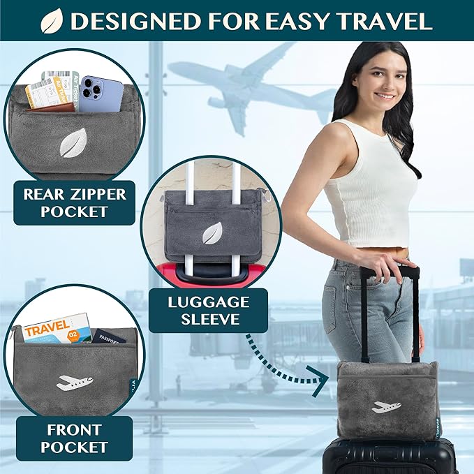 PAVILIA Travel Blanket Pillow, Airplane Blanket Set in Soft Bag with Pockets, Plane Blanket Compact Packable, Flight Essentials Car Pillow, Travelers Accessories Gifts, Luggage Strap, Gray