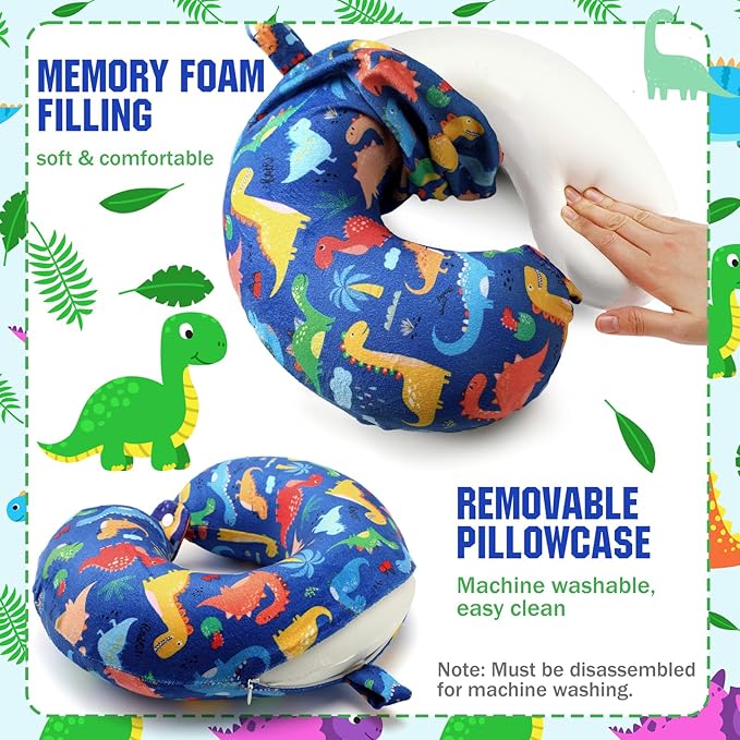 Gilprop 2 Pcs Dinosaur Travel Pillow with Sleep Eye Mask, U Shaped Memory Foam Headrest & Neck Pillow with Washable Cover, Soft Neck Head Support Travel Accessories for Airplane Car Train Bus Trips