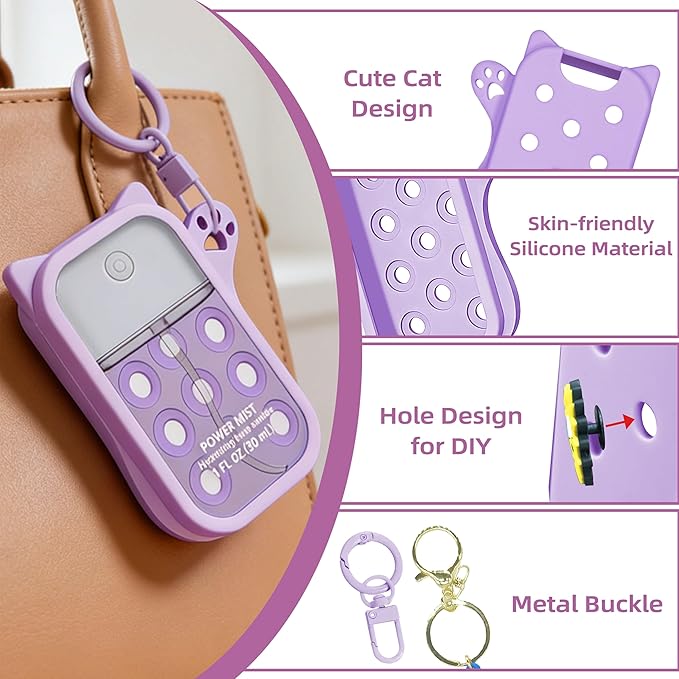 Mlife Hand Sanitizer Spray Case for Touchland Silicone Touchland Case Cat Silicone Case compatible with Touchland Power Mist 1FL OZ/30ML with Keychain &10Pcs Charms(Purple)