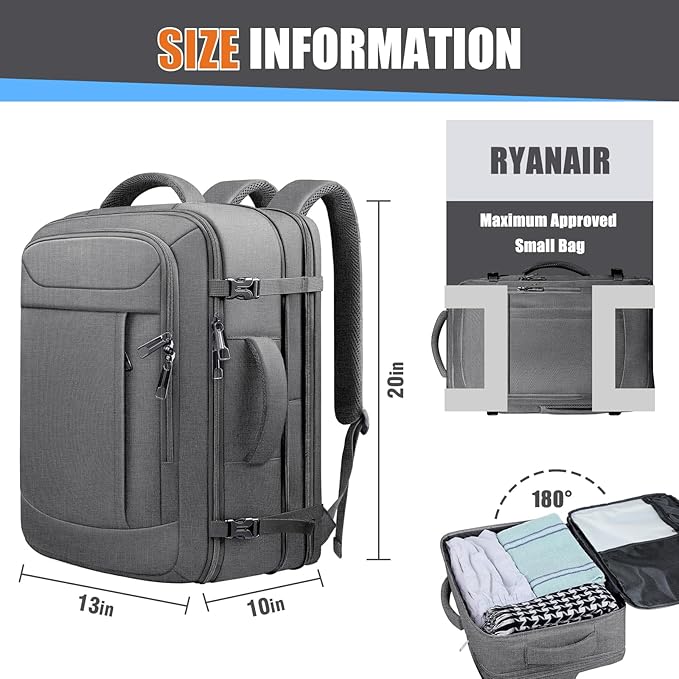 Extra Large Travel Backpack 40L-50L Expandable, Waterproof Wet Pocket Carry On Daypack, Anti-Theft TSA 18 Inch Laptop Bag for Men Women Flight Approved Weekender Duffel, Grey