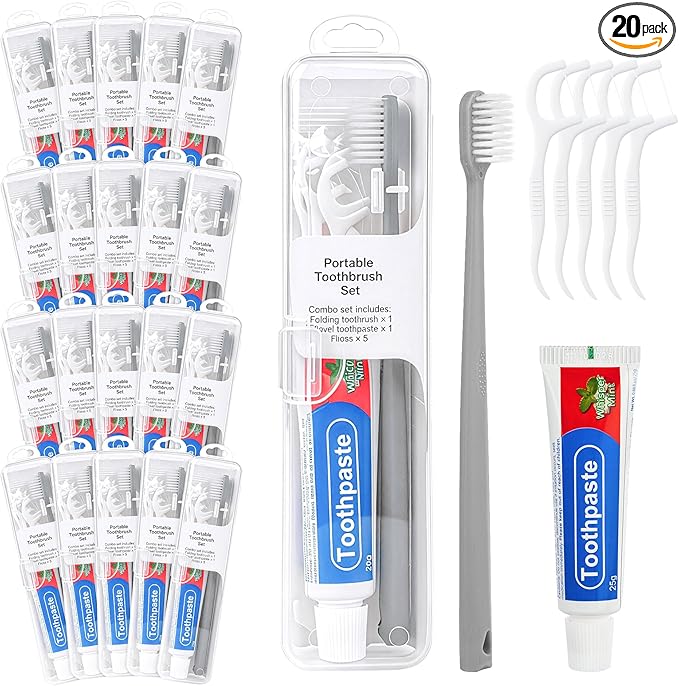 Travel Toothbrush Kit Includes Travel Toothbrushes, 25g Travel Toothpaste, 5 Floss Picks, Storage Case, Individually Packaged, Suitable for Home, Travel, and Hotel Use (20-Pack)