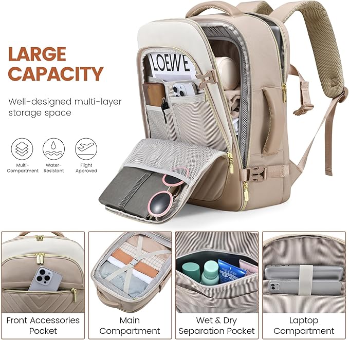 LOVEVOOK Travel Backpack for Women, TSA Approved Carry On Backpack with 2 Packing Cubes, Personal Item Backpack Fits 17 Inch Laptop, Weekender Water-resistant Daypack, Khaki-beige