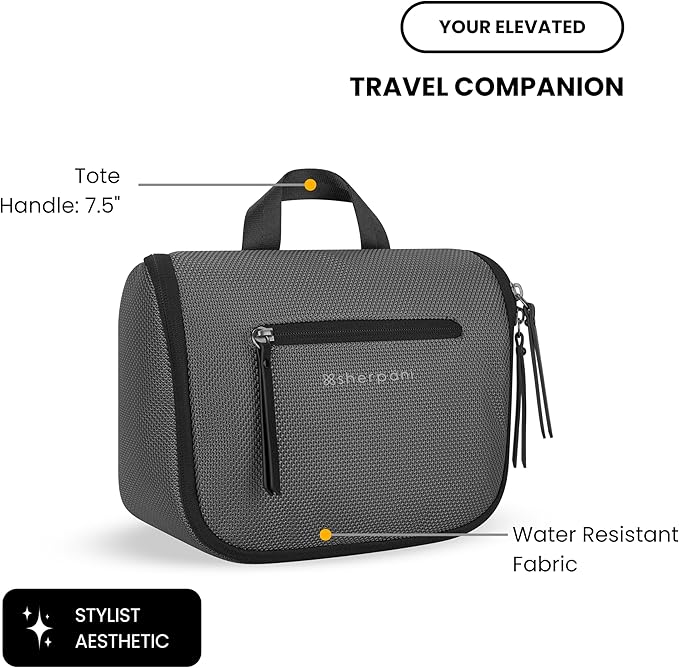 Sherpani Co-Pilot, Travel Toiletry Bag, Hanging Cosmetic Organizer, Water Resistant Makeup Bag, Shower Dopp Kit, Essentials Toiletries for Women, Travel Gift (Granite Signature)