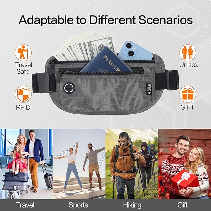 Slim Money Belt for Travel - Anti-Theft Hidden Passport Holder Waist Wallet with Secure Pouch for Cash, Credit Cards (Small Grey)