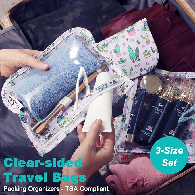 HIONXMGA TSA Approved Toiletry Bag, Set of 3 Clear Travel Toiletry Bag Quart Size Zipper Travel Pouch, Waterproof Makeup Cosmetic Bag for Women Men Kids Toiletries Carry on, Cacti A