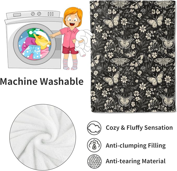 Vintage Moth Blanket Classic Black White Goth Floral Flower Throw Blankets Gifts for Men Women Lightweight Soft Fleece Cozy for Sofa Couch Bed Room Travel Birthday Party Decor 60x80in
