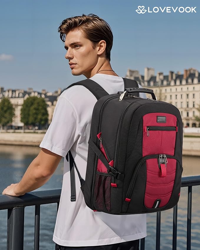 LOVEVOOK Travel Laptop Backpack Waterproof Anti Theft Backpack with Lock and USB Charging Port Large 17-17.3 Inch Computer Business Backpack for Women Men Red