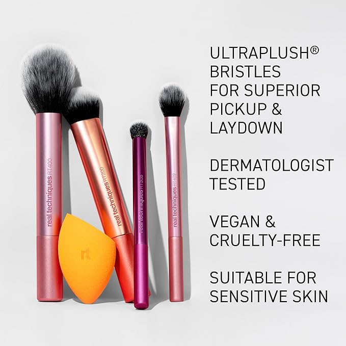 Real Techniques 6 Piece Everyday Essentials Makeup Brush Set, Includes 4 Brushes & 2 Makeup Sponges, For Foundation, Blush, Bronzer, Contour, Eyeshadow, & Powder, Travel Gift Set, Cruelty-Free & Vegan