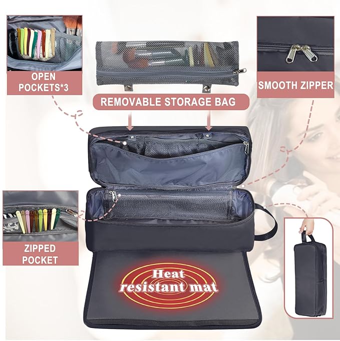 Hair Tools Travel Bag with Heat Resistant Mat Hair Styling Accessories Storage Case for Hair Dryer Flat Iron Straightener Curling Iron Haircare Accessories Travel Essentials for Women