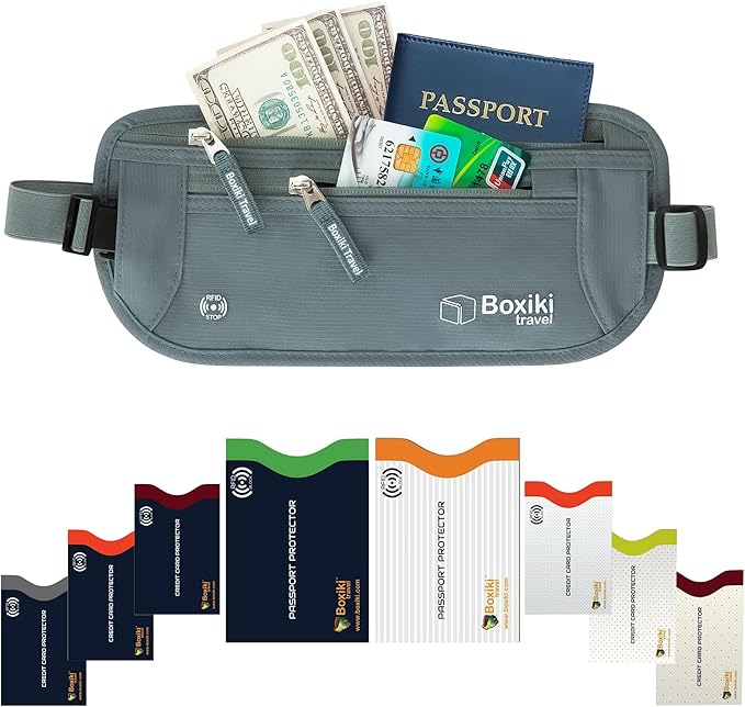 Boxiki Travel, Gray Money Belt + RFID Sleeves Set of 8 Pcs | RFID Blocking Secure Waist Bag, Credit Card Holders & Passport Holders for Men and Women | Keep Your Travel Essentials in Reach