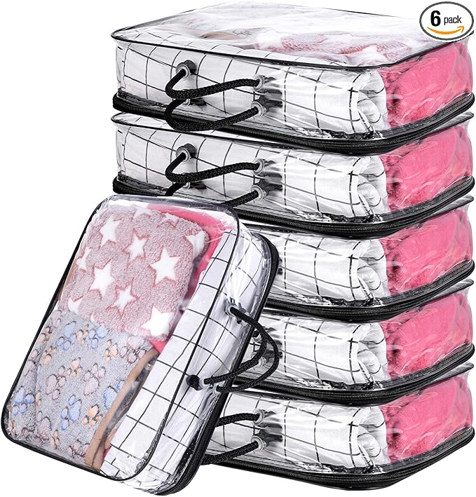 6 Pcs Large Clear Travel Packing Cube, See-Through PVC Organizer, Vinyl Zippered Storage Bags Multipurpose Pouch with Handle for Suitcase Pants, Cashmere, Sweaters Shirts Dress Storage