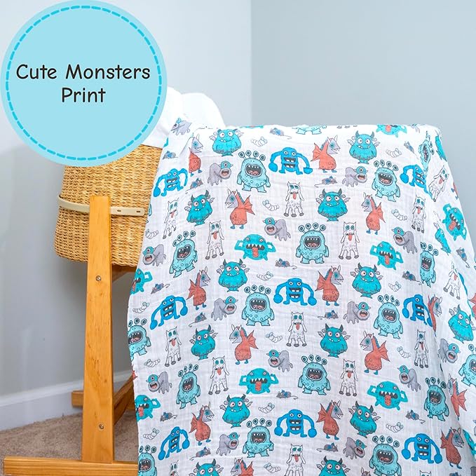 LollyBanks Muslin Swaddle Blankets, 100% Cotton Soft and Breathable Baby Blanket for Boys, 47 x 47 Inches Receiving Blankets, Lightweight Newborn Swaddles, Nursery Must Haves (Monsters Print)