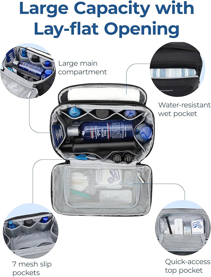 BAGSMART Toiletry Bag for Men, Wide Opening Travel Bag for Toiletries, Dopp Kit Water Resistant Shaving Hygiene Bag for Bathroom Shower, Toiletries Accessories,Travel Essentials-Gray