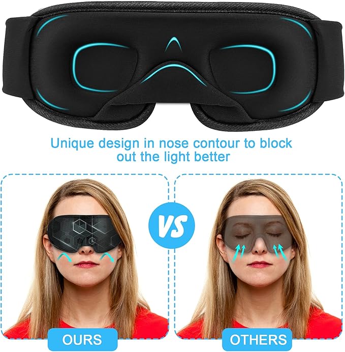 Sleep Mask, Super Soft 3D Contoured Cup Sleeping Mask, Upgraded 100% Blockout Light Sleep Masks for Women Men with Adjustable Strap, Comfortable Concave Molded Eye Covers for Sleeping, Black