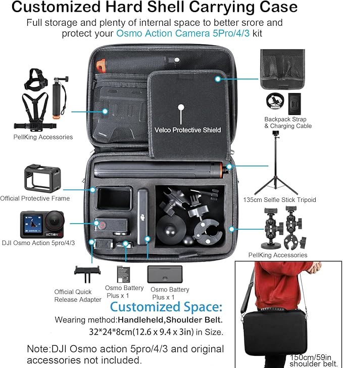 PellKing Accessories Kit for DJI Osmo Action 5pro/4/3,Carrying Case with Belt 135cm Selfie Stick Tripod Waterproof Housing Floating Handle Grip Magnetic Handlebar Mount Qucik Release4 in 1 Body Mount