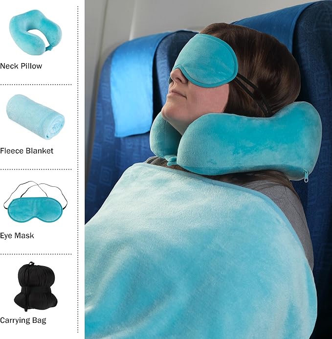 Home-Complete Travel Pillow Set - Memory Foam Pillow, Fleece Blanket, and Eye Mask - Travel Essentials for Airplanes, Trains, Cars, Buses (Blue)