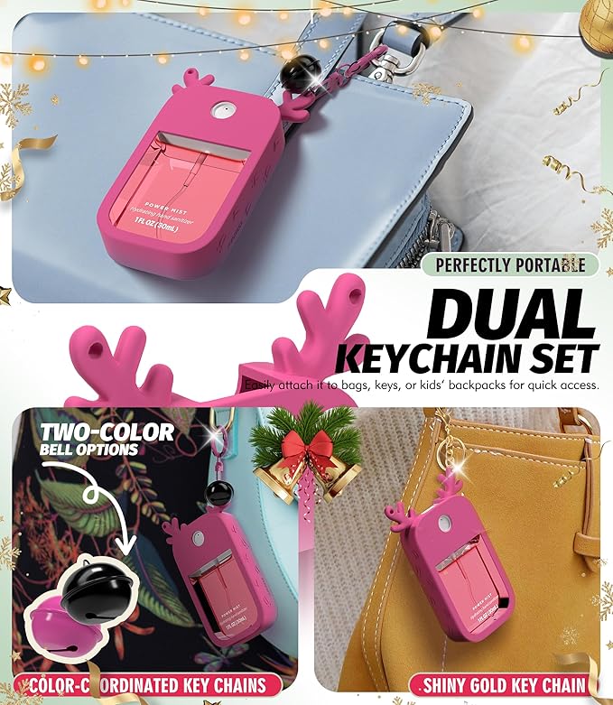 Sonnorel 1 Pack Elk Silicone Case Compatible with Touchland Hand Sanitizer Spray (Fit for 1 FL OZ/30 mL Ver), Portable keychain, Small Bell, Cute Deer Antlers (Rose Pink)