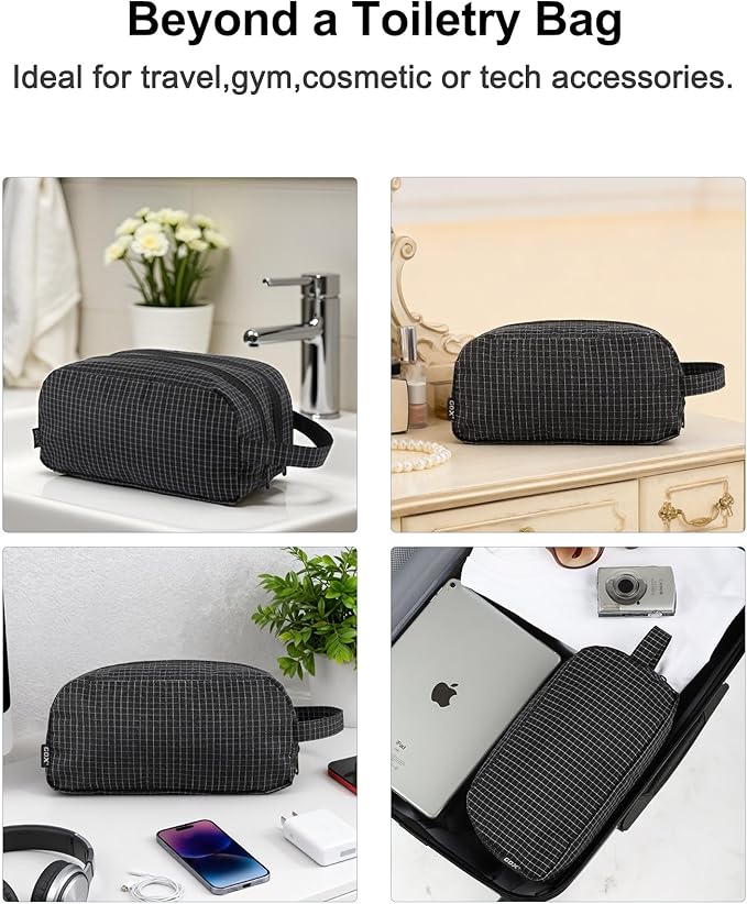 GOX Small Travel Toiletry Bag for Men, Dopp Kit, Water-Repellent Nylon, TSA Carry-On Leakproof Cosmetic Organizer (10.4"x5.5"x5.1") & Carry Handle (Black)