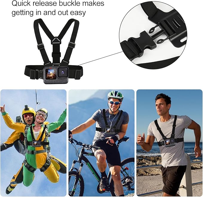 3 in 1 Accessories Set for GoPro Hero 13 12 11 10 9 8 7 6 5 4 3 Black, Chest Mount Harness/Head Strap Mount/ 360°Rotating Wrist Strap, Adjustable Flexible Accessories Kit