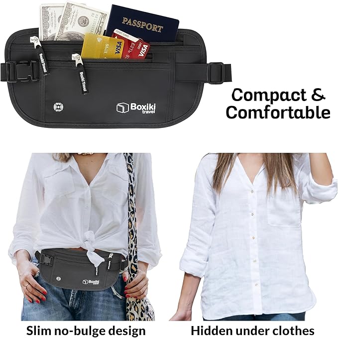 Boxiki Travel, Black Money Belt with RFID Sleeves Set - 8 Pcs Navy Blue | Secure Waist Bag and RFID Card Holder for Men and Women