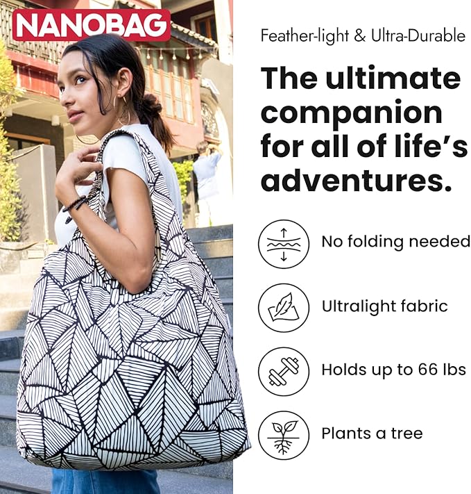 Nanobag Ultralight Heavy Duty Foldable Tote for Women & Men, Reusable Grocery & Travel Bag, Packable Collapsible Compact Market Essential (XL Stars)