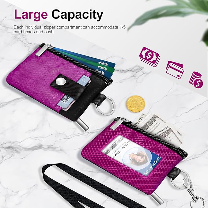 Minimalist RFID Blocking Small Wallet with ID Window,WaterResistant Zip Id Case Wallet with Lanyard Keychain for Cards,Cash,Travel,Women,Men (Purplish Red/Black)