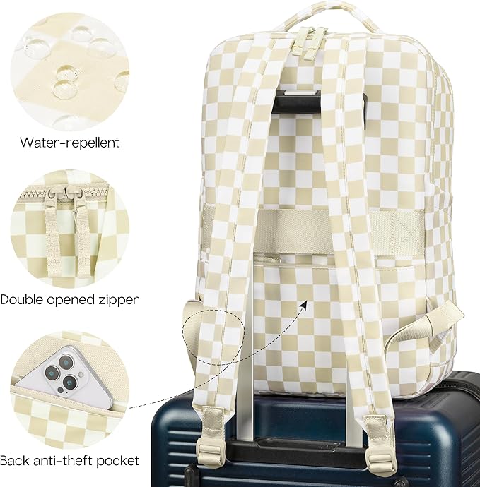 Checkered Backpack for Women Fashion Backpacks with Laptop and Multi Compartment for Travel and Work Beige Check
