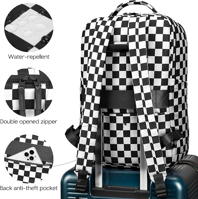 Checkered Backpack for Women Fashion Backpacks with Laptop and Multi Compartment for Travel and Work Black White Check